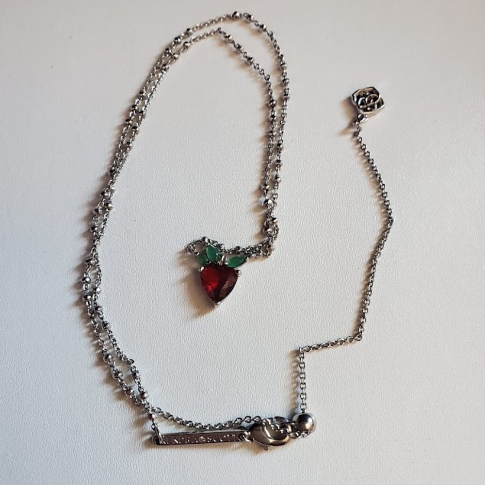 Kendra Scott Strawberry Pendant Necklace Rhodium Plated Red Crystal Green Leaves